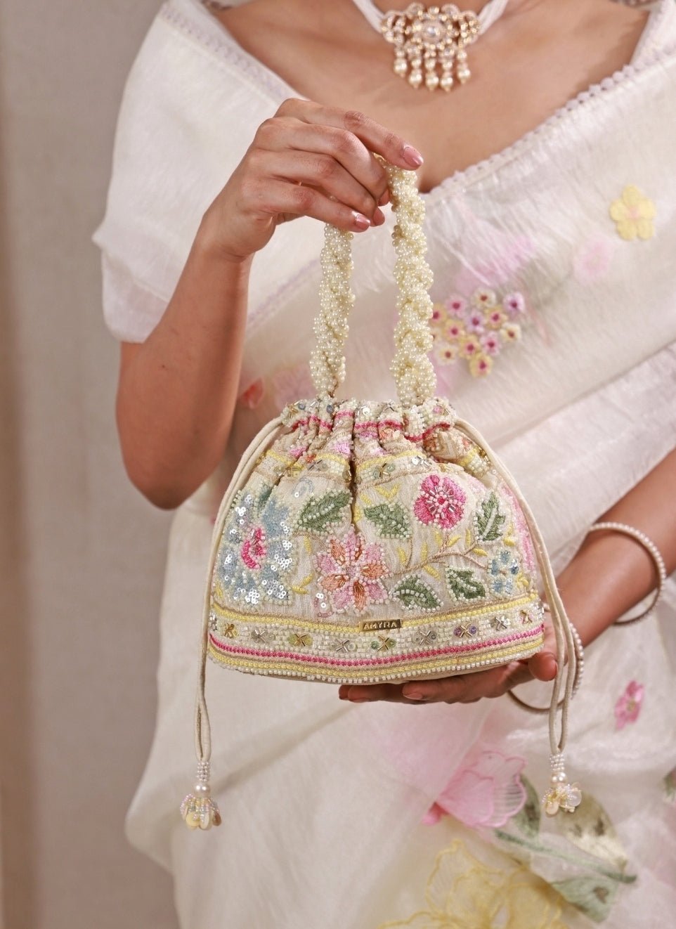 Amyra Multicolor Floral Embroidered Silk Bucket BagShop Jashn