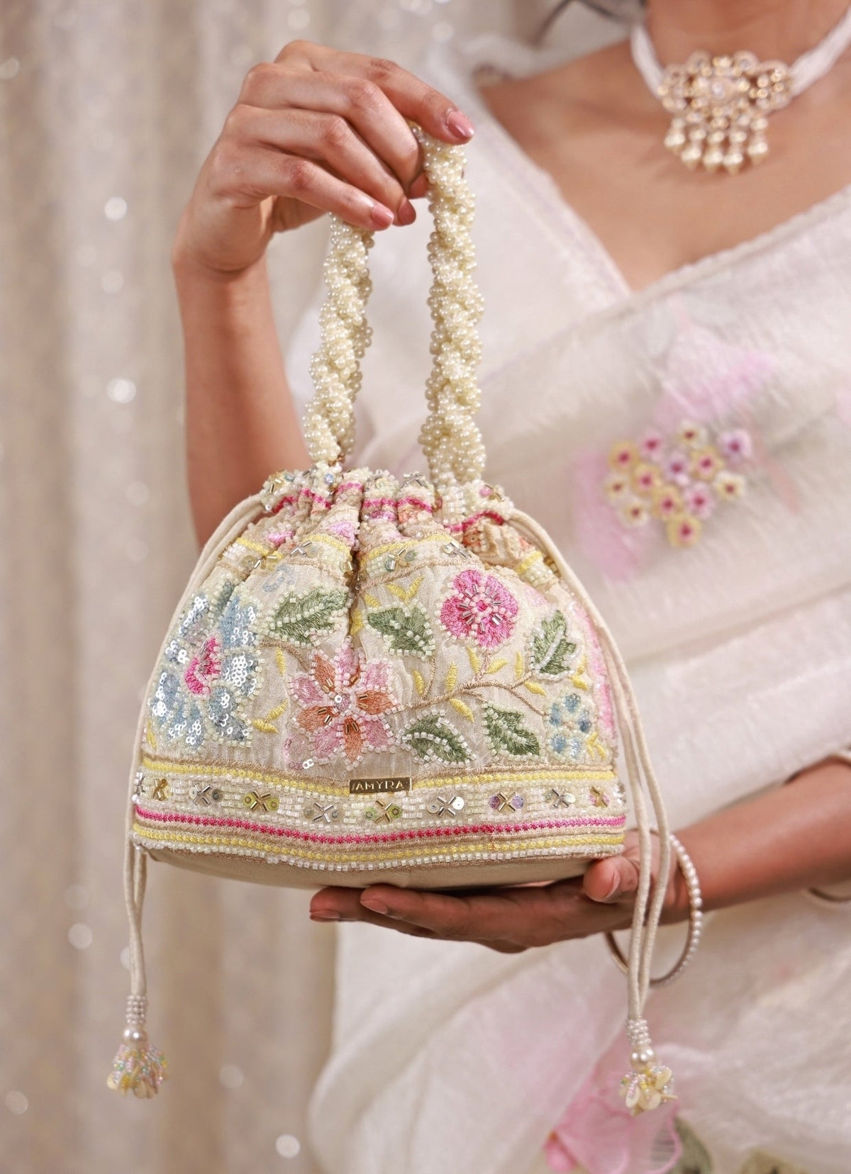 Amyra Multicolor Floral Embroidered Silk Bucket BagShop Jashn