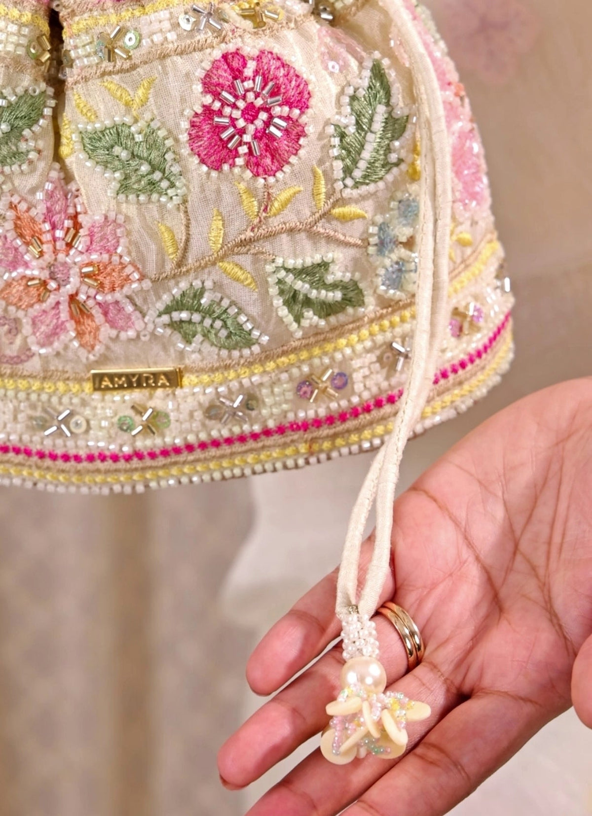 Amyra Multicolor Floral Embroidered Silk Bucket BagShop Jashn
