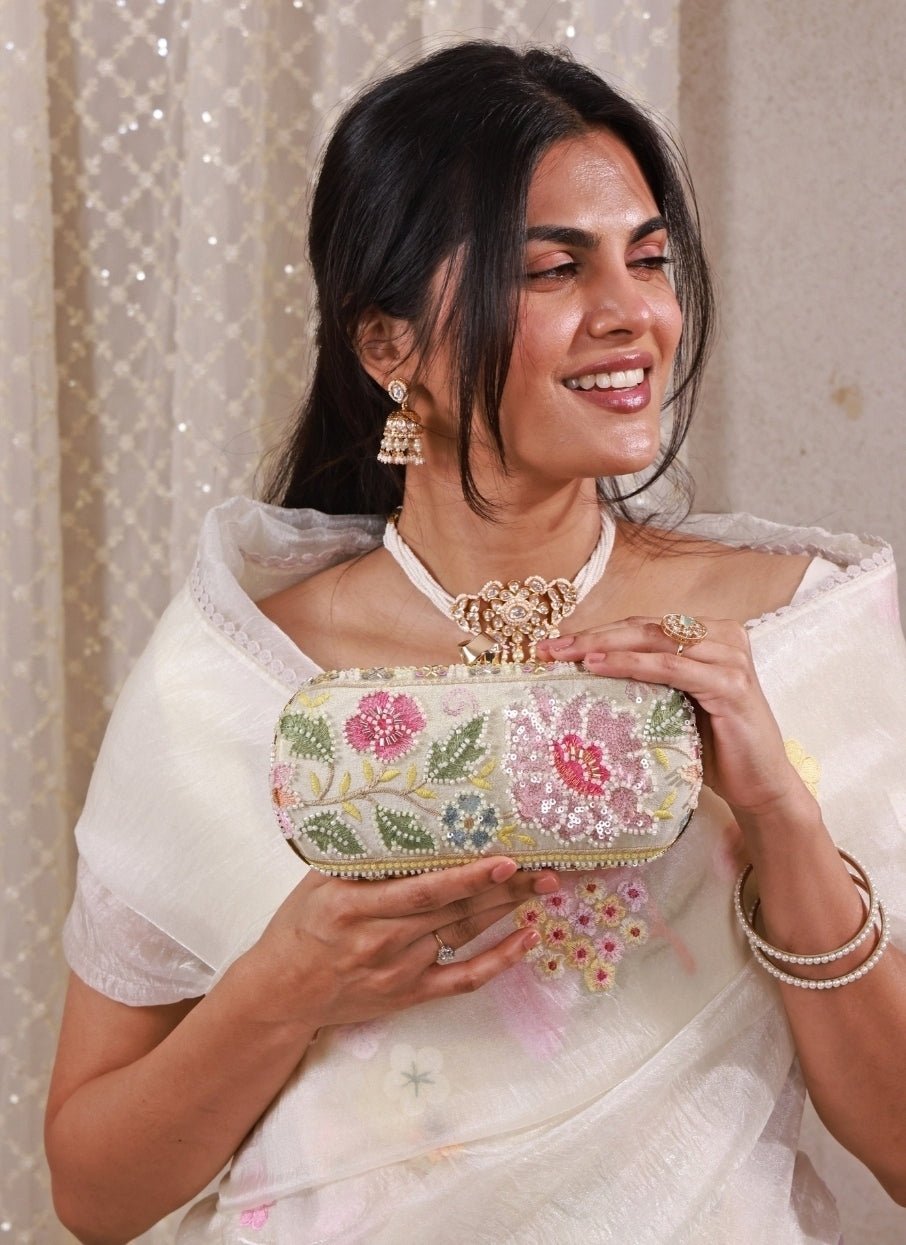 Amyra Multicolor Floral Embroidered Silk Capsule ClutchShop Jashn