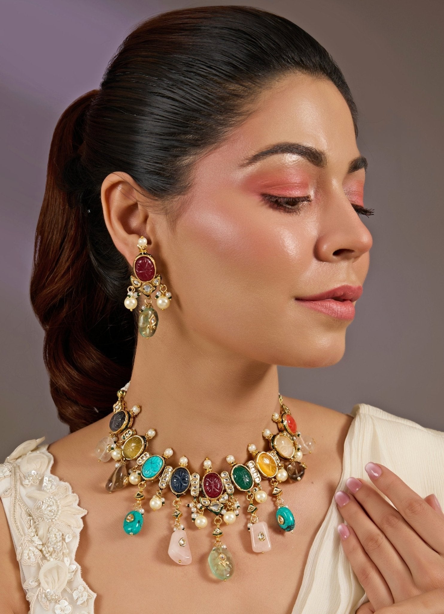 Vivinia by Vidhi Mehra Multicolor Gemstone Choker Necklace SetFabilicious Fashion