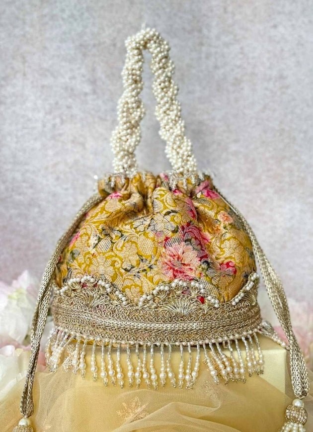Mustard Yellow Brocade Bucket Bag