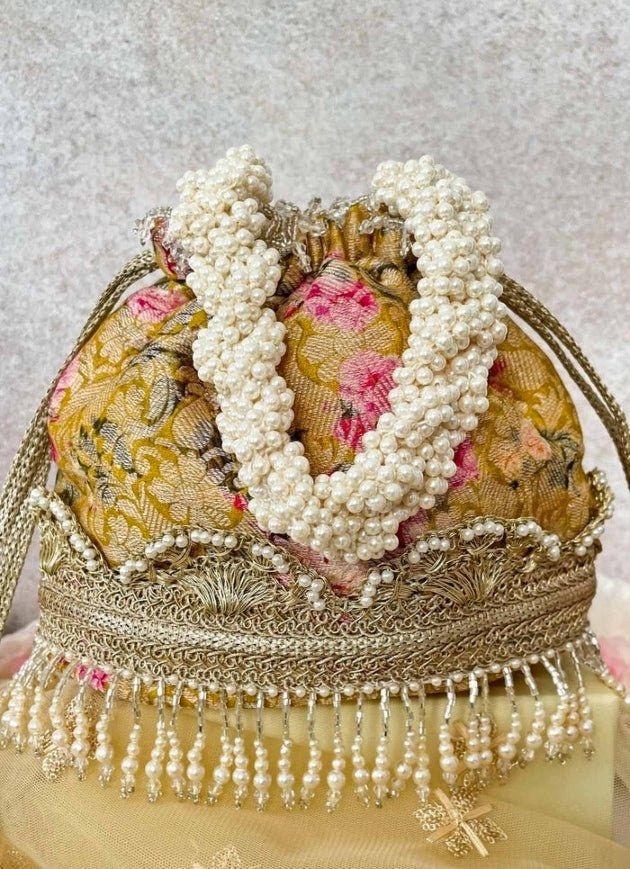 Mustard Yellow Brocade Bucket Bag
