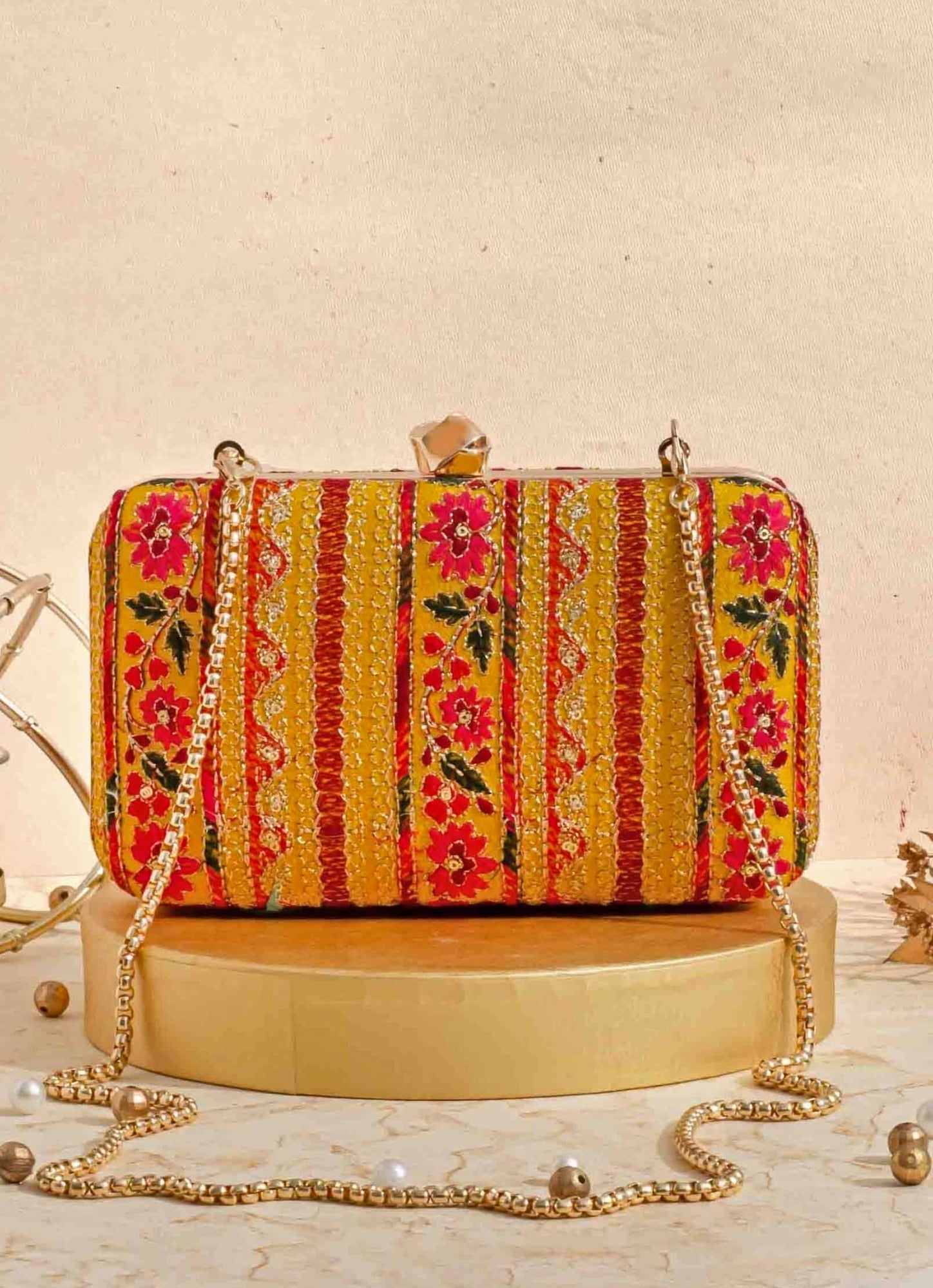 Mustard Yellow Embroidered Clutch