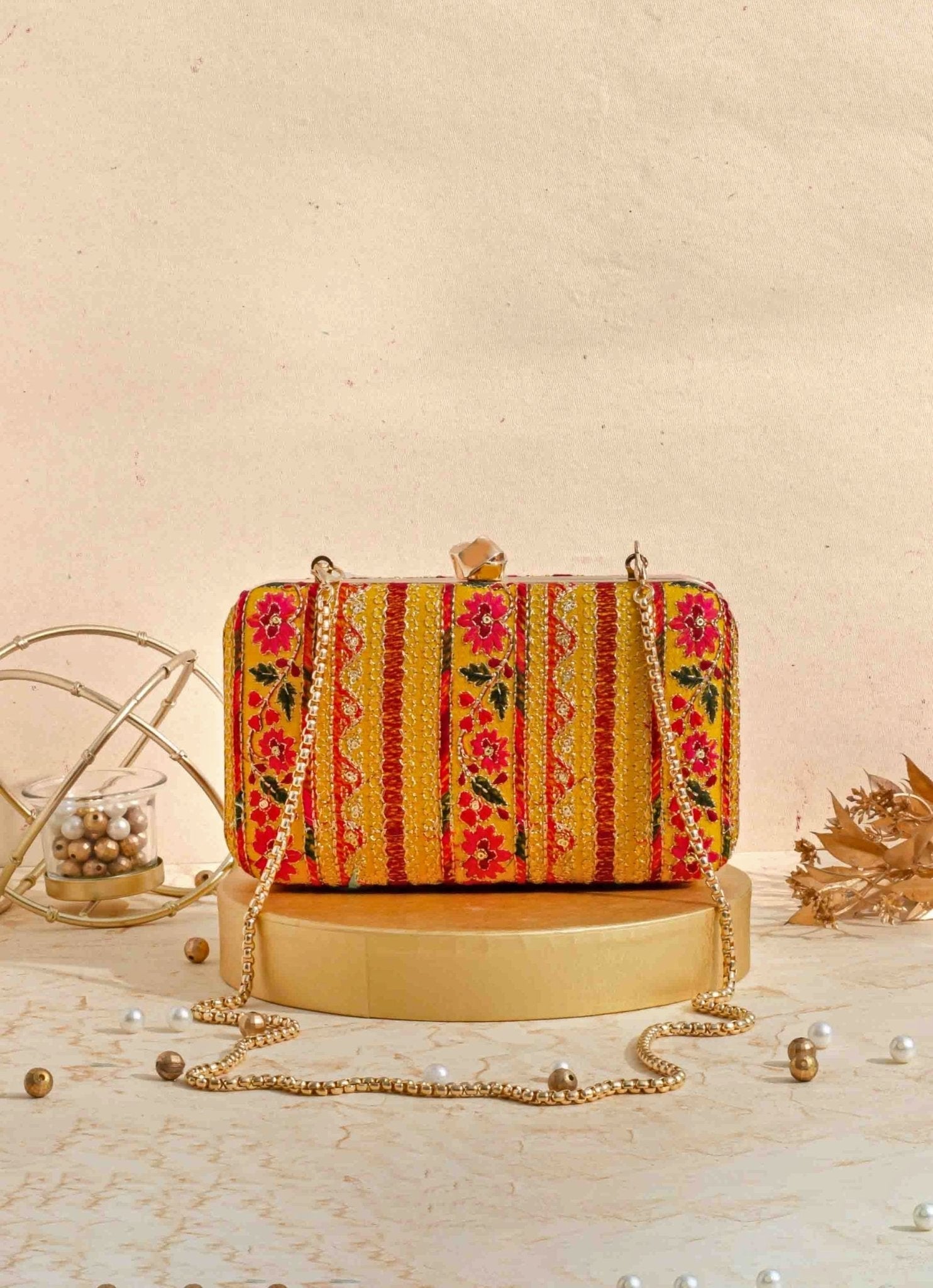 Mustard Yellow Embroidered Clutch