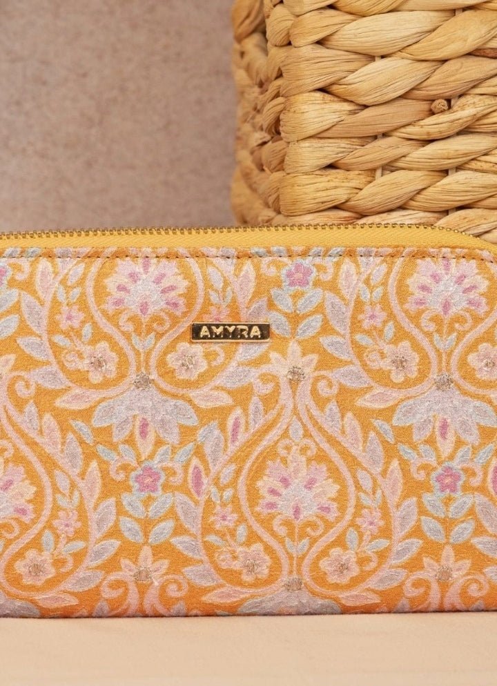 Mustard Yellow Embroidered Zip Wallet