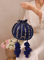 Amyra Navy Blue Embroidered Silk Pleated PotliShop Jashn