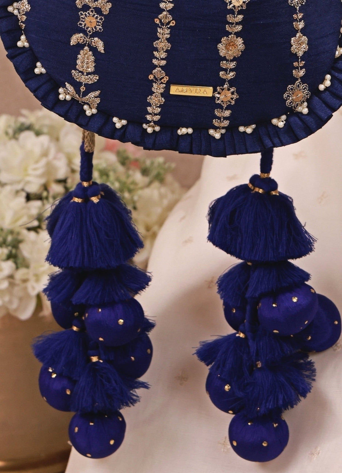 Amyra Navy Blue Embroidered Silk Pleated PotliShop Jashn