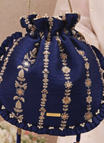 Amyra Navy Blue Embroidered Silk Pleated PotliShop Jashn