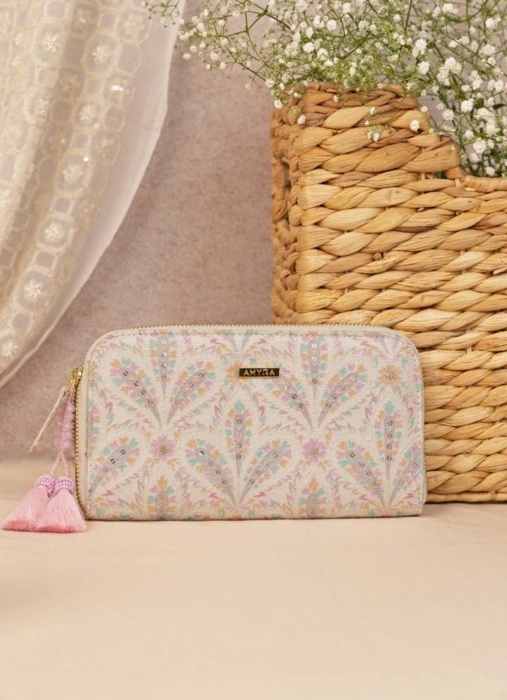 Off White Embroidered Zip Wallet
