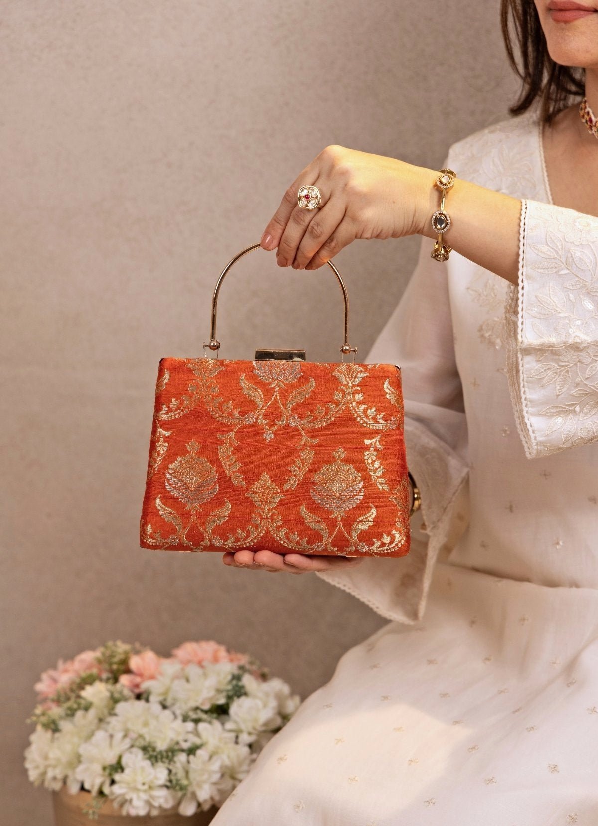Orange Raw Silk Top Handle Clutch