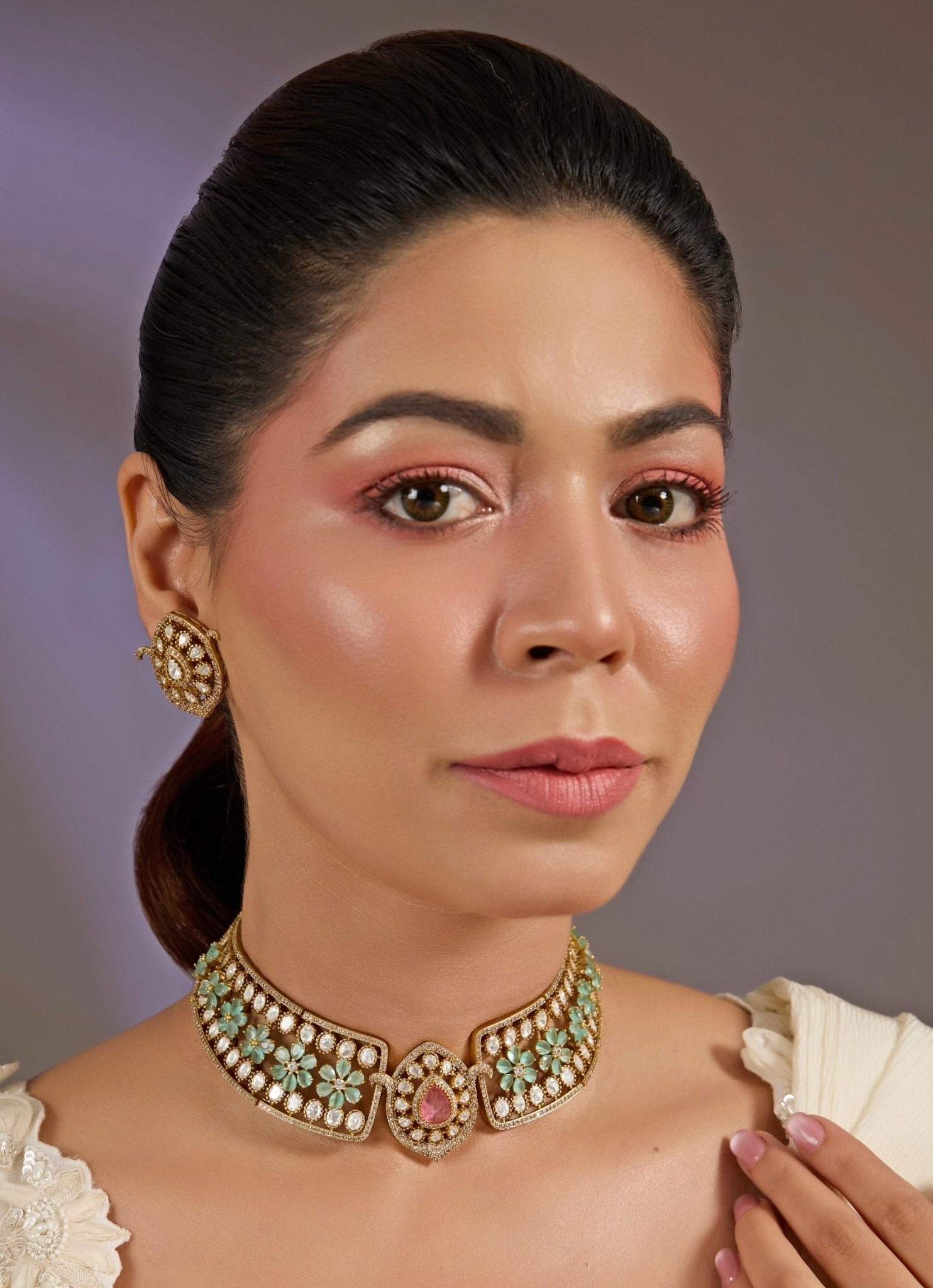 Vivinia by Vidhi Mehra Pastel Green Stones Kundan Choker Necklace SetFabilicious Fashion