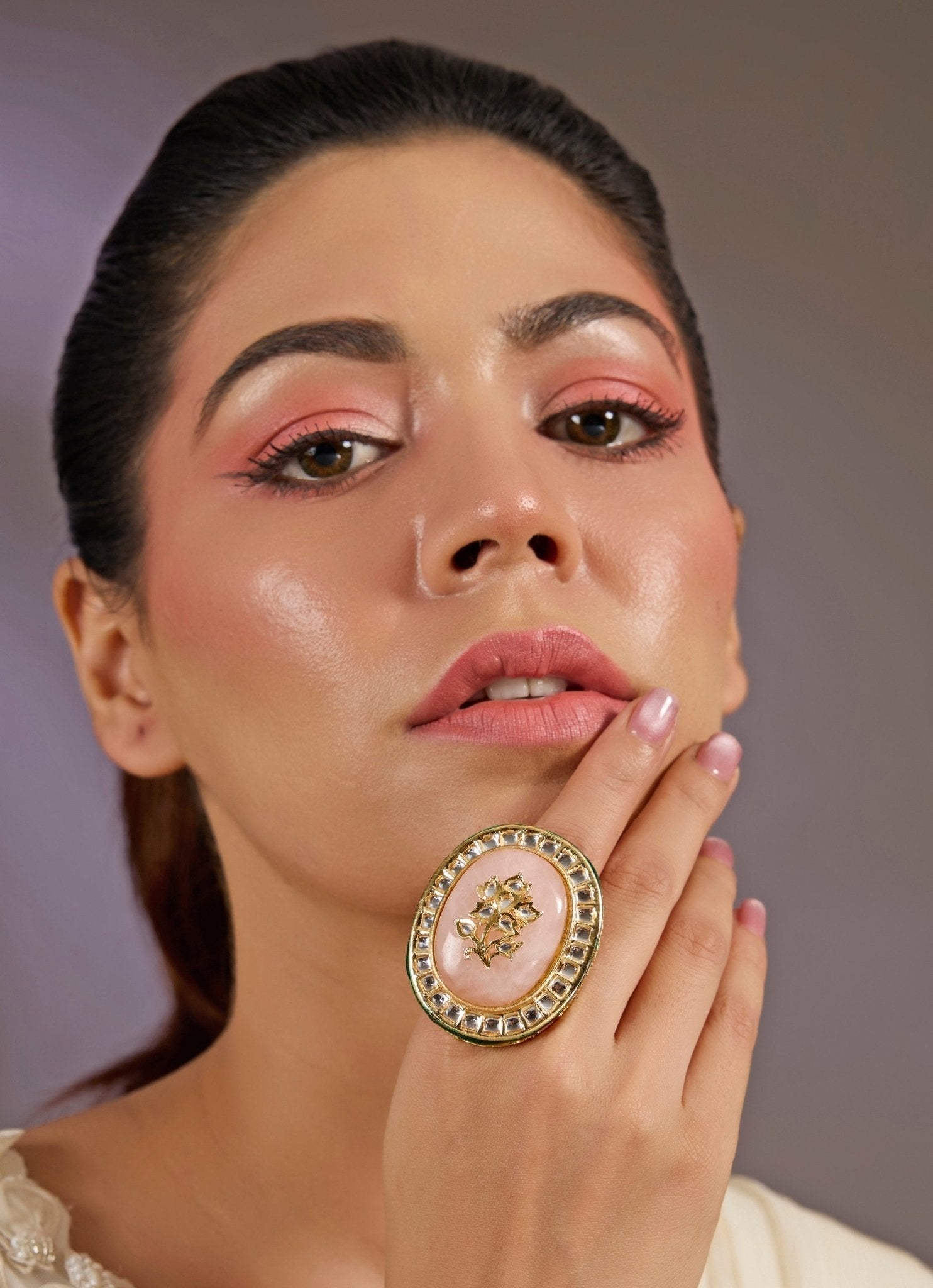 Vivinia by Vidhi Mehra Pastel Pink Kundan Statement RingFabilicious Fashion