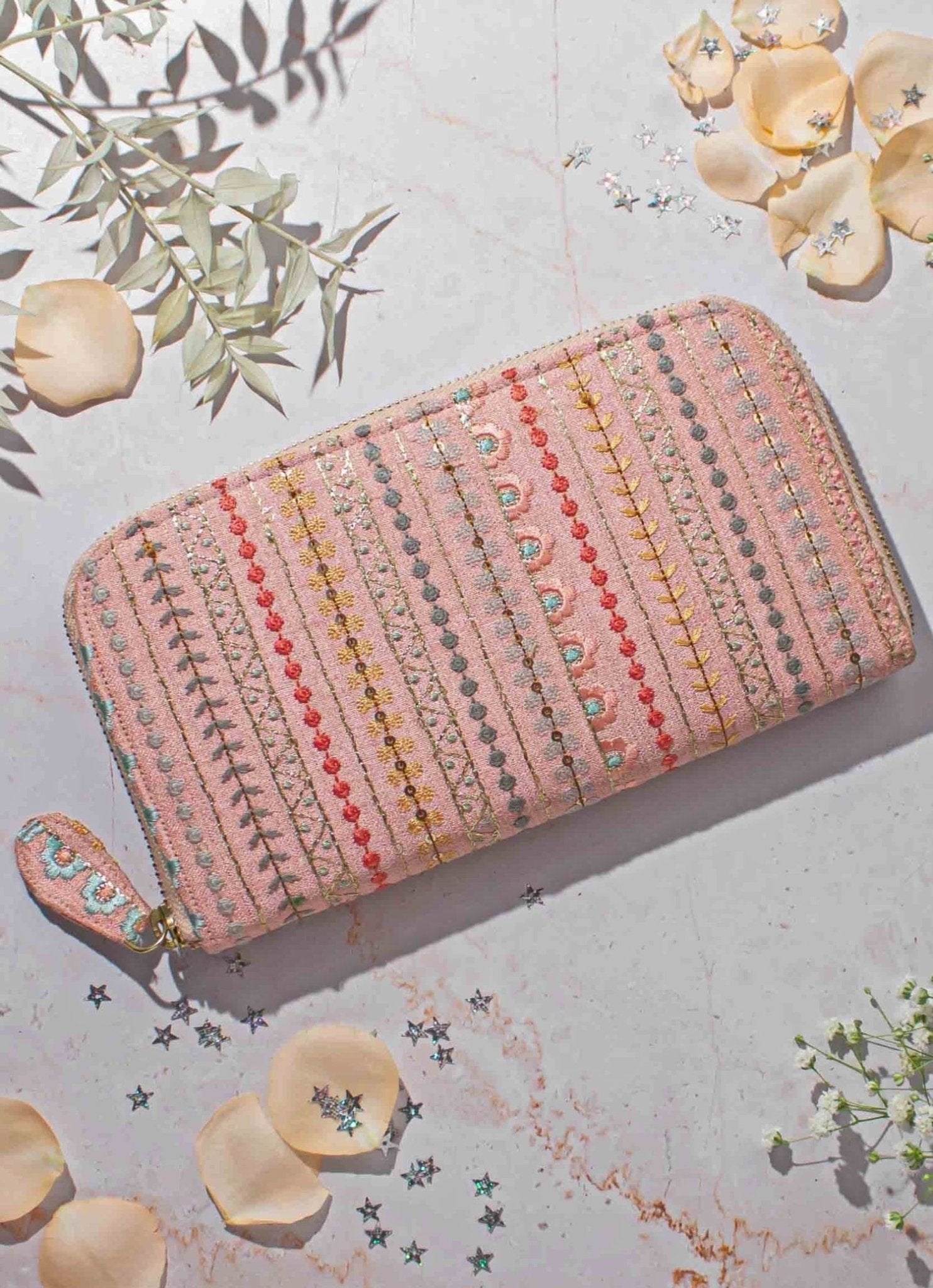 Peach Embroidered Zip Wallet