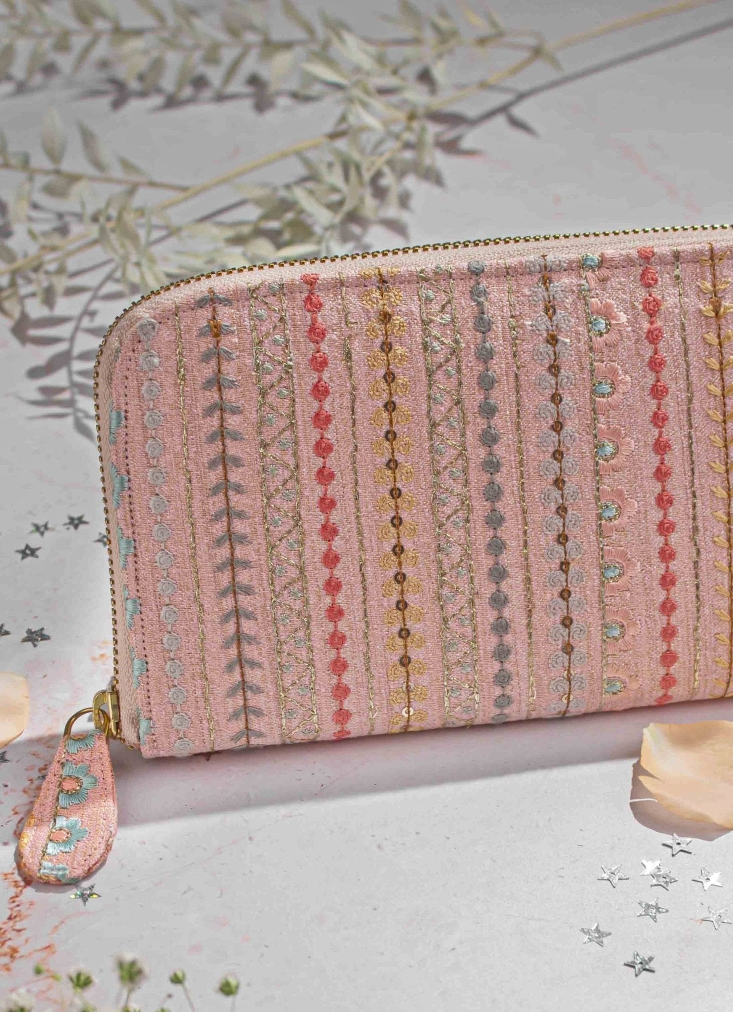 Peach Embroidered Zip Wallet