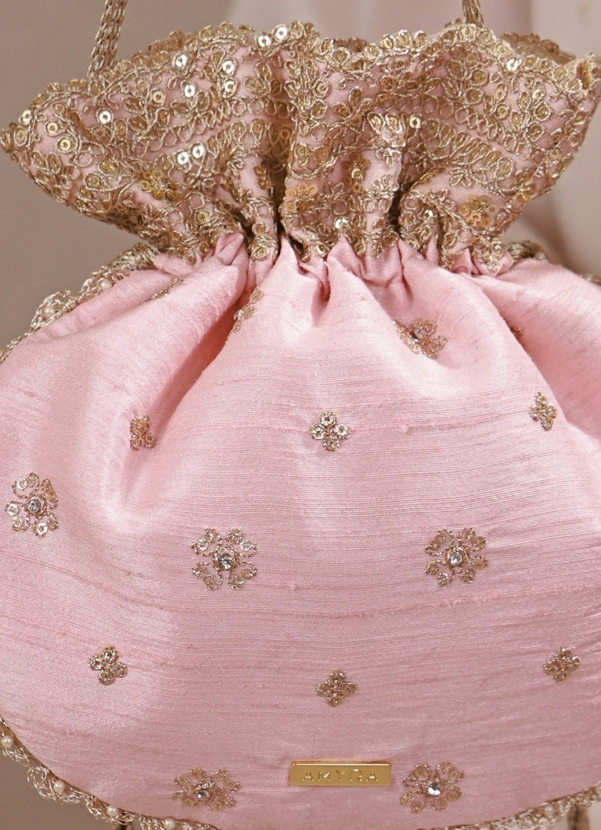 Amyra Peach Pink Embroidered Silk PotliShop Jashn