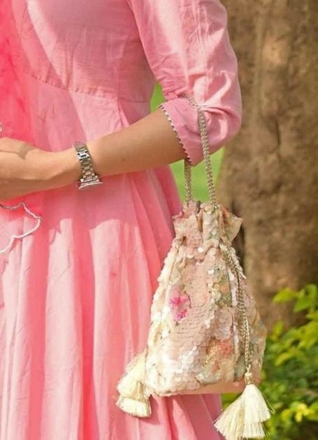 Amyra Peach Sequins Embroidered Soft Net PotliShop Jashn
