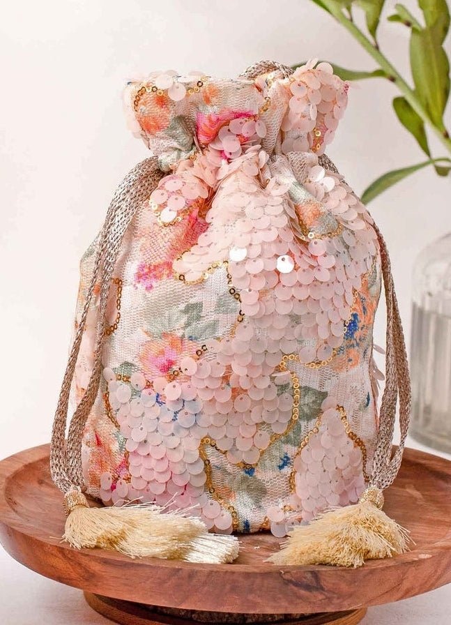 Amyra Peach Sequins Embroidered Soft Net PotliShop Jashn