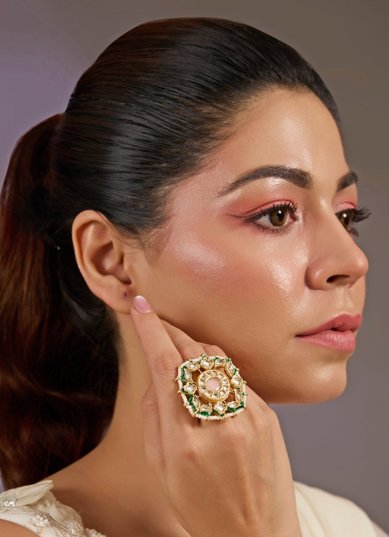 Vivinia by Vidhi Mehra Pearl And Kundan Green Statement RingFabilicious Fashion