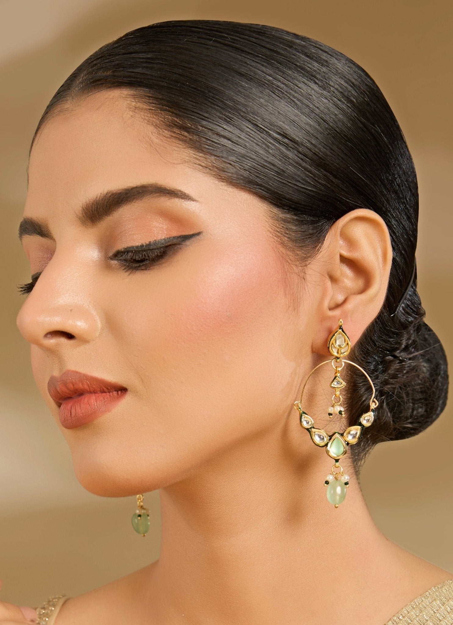 Vivinia by Vidhi Mehra Pink And Green Beaded Gold Plated Polki EarringsFabilicious Fashion