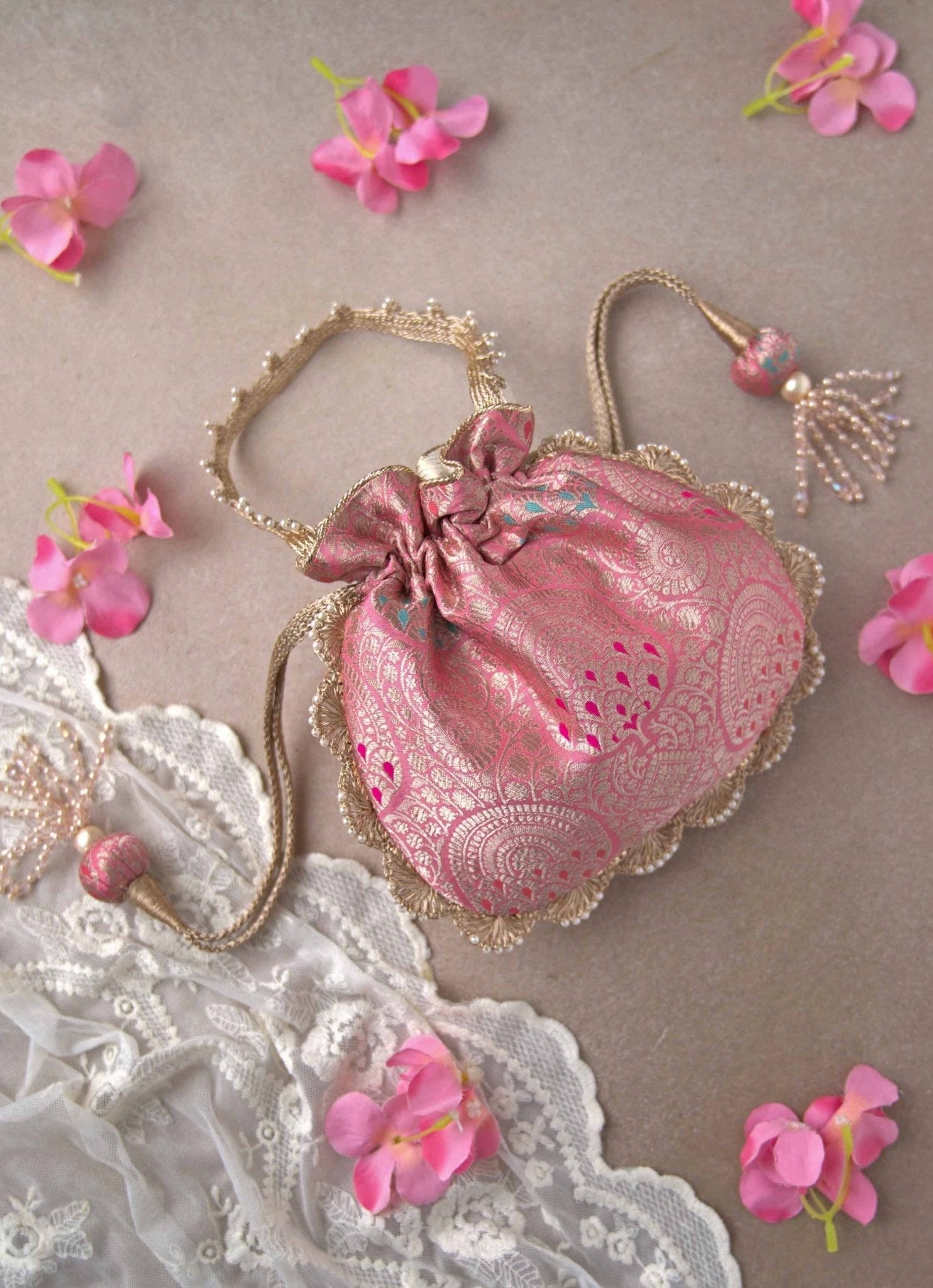 Pink Banarasi Woven Potli