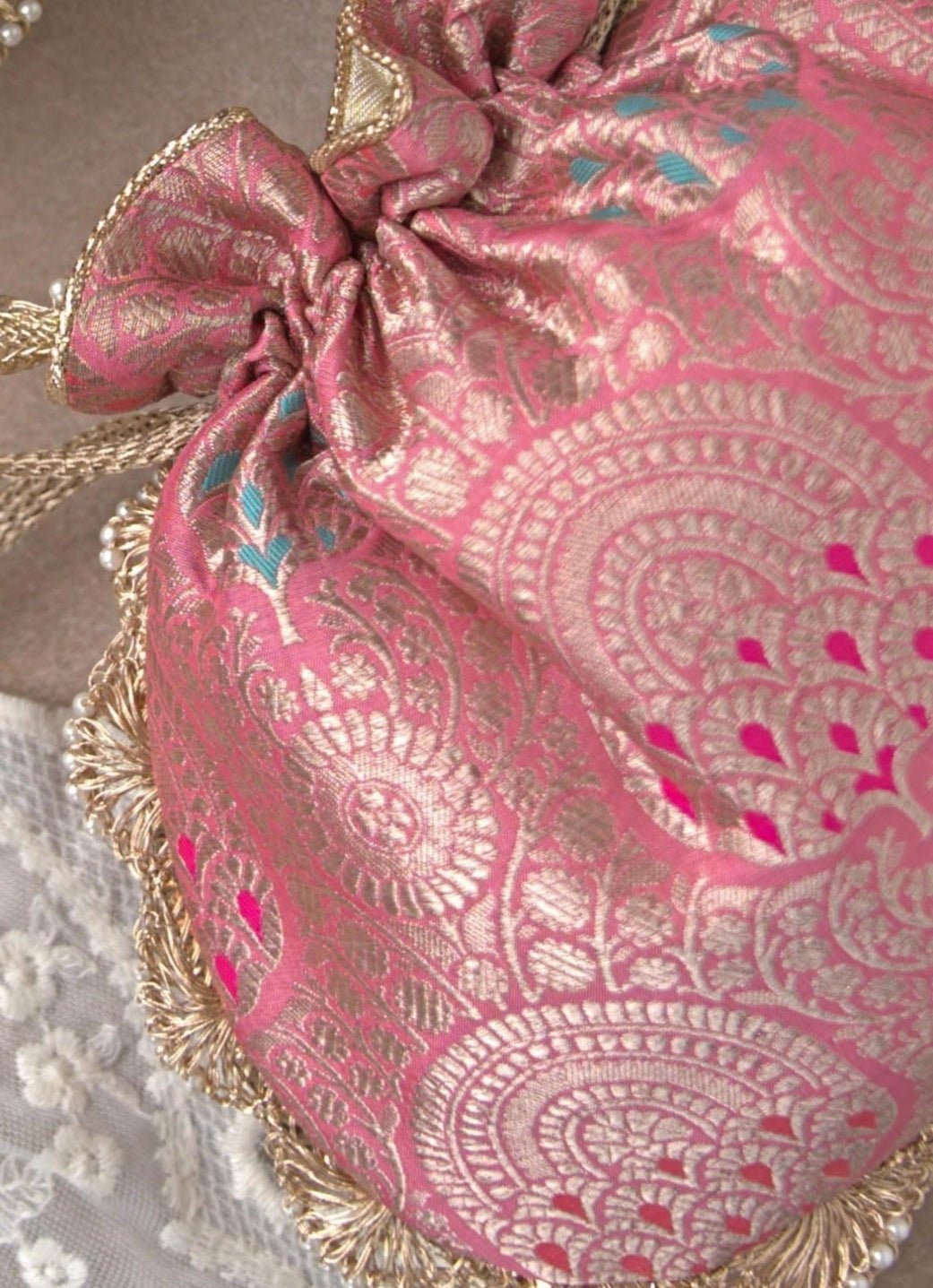 Pink Banarasi Woven Potli