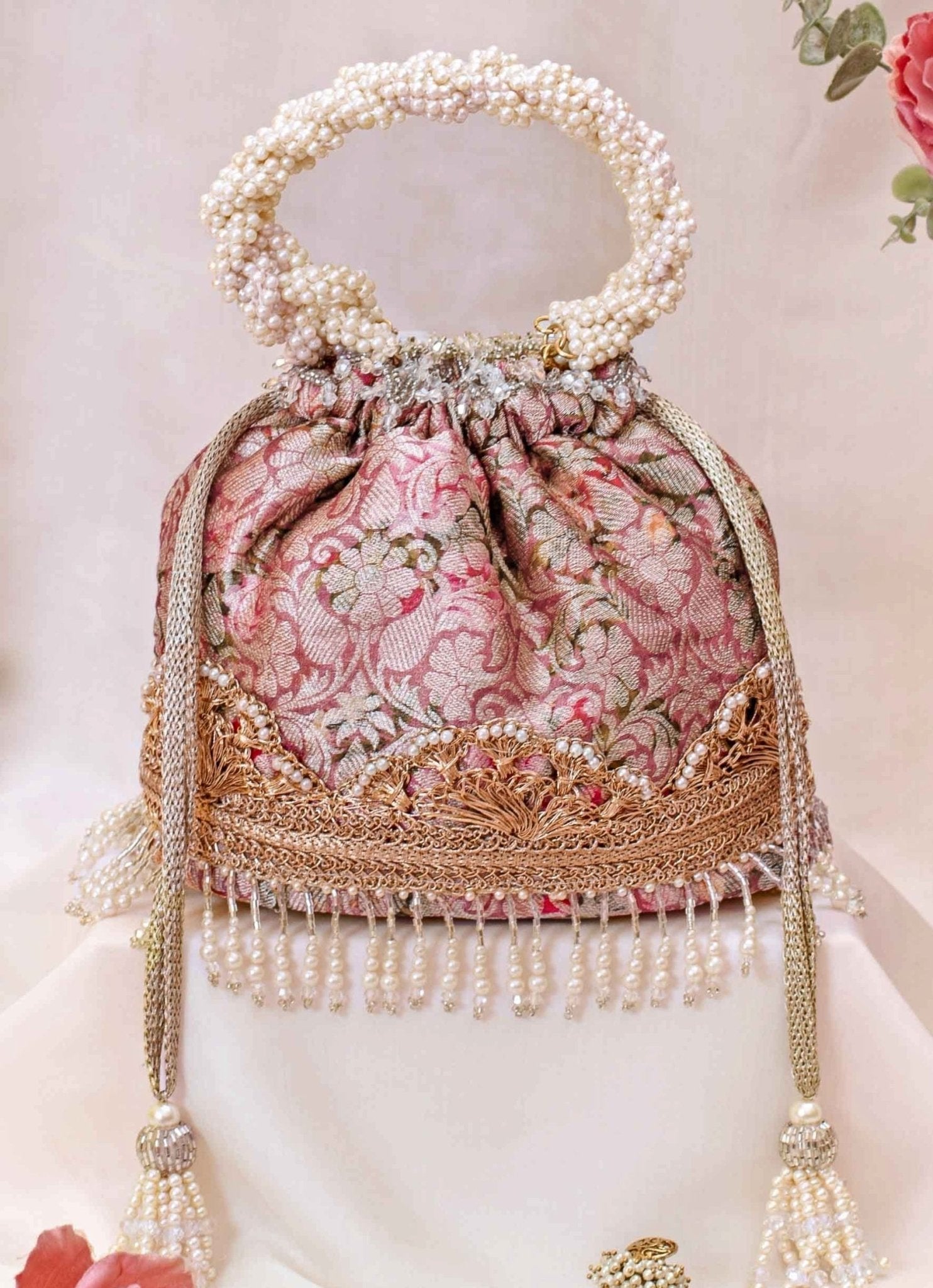 Pink Brocade Bucket Bag