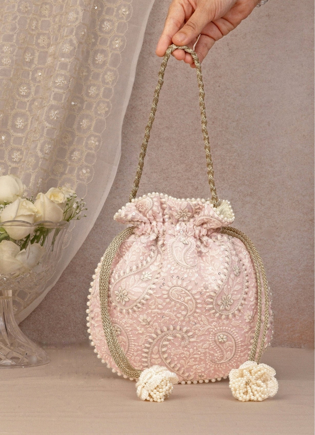 Pink Embroidered Potli
