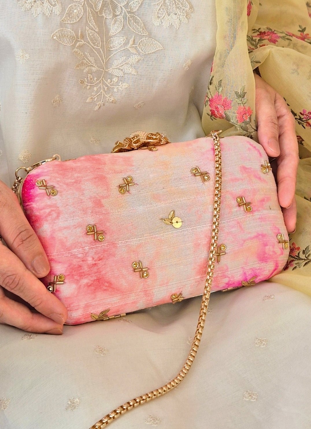 Amyra Pink Embroidered Silk ClutchShop Jashn