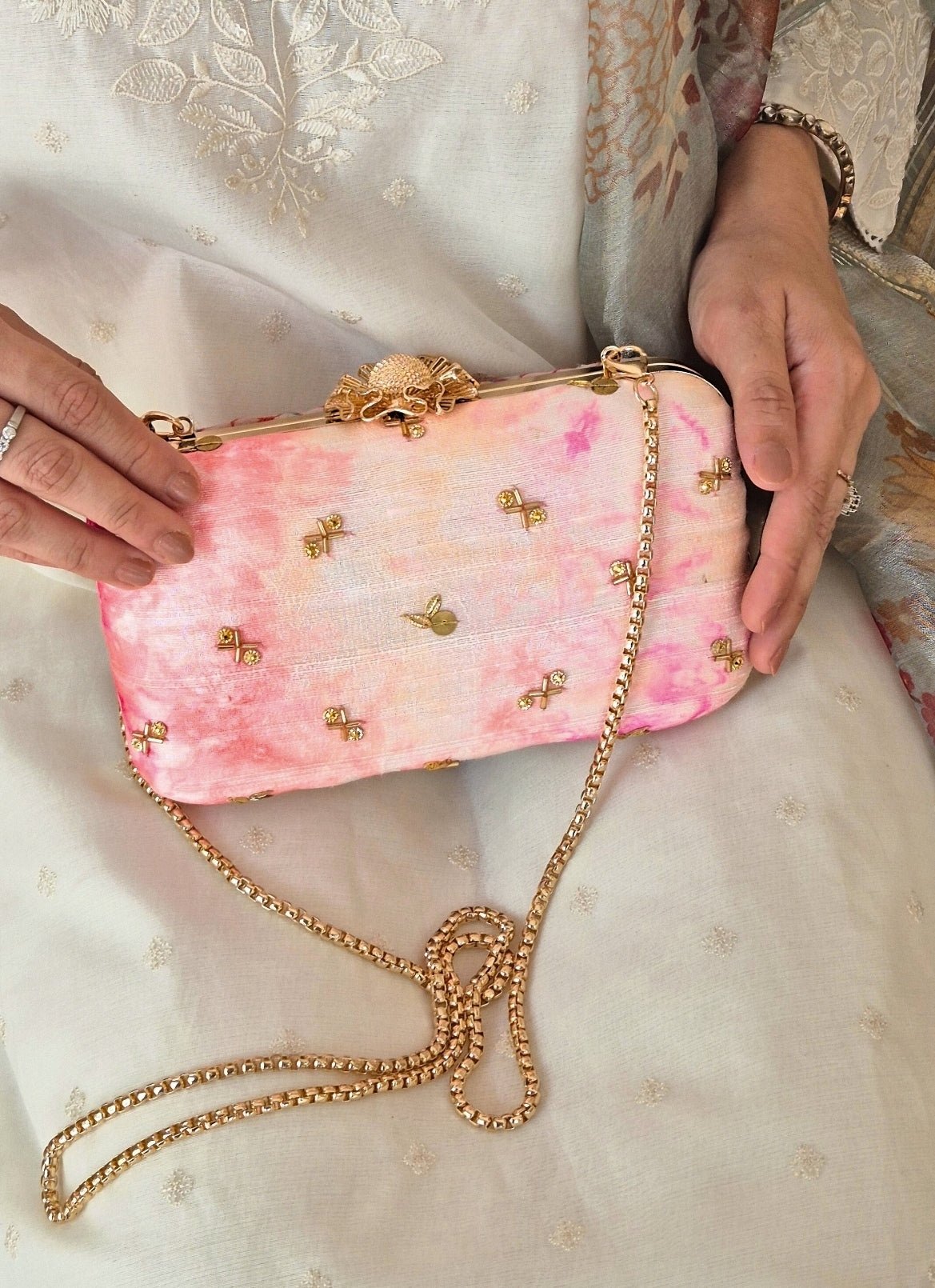 Amyra Pink Embroidered Silk ClutchShop Jashn