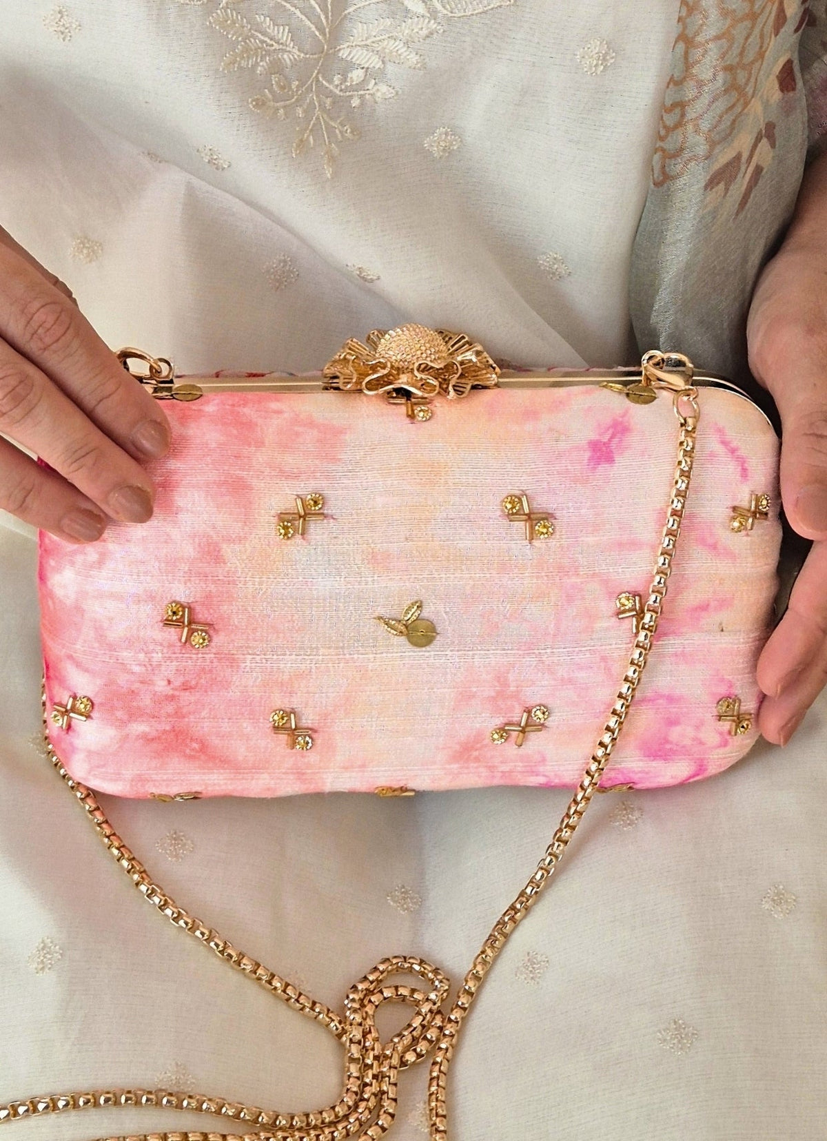 Amyra Pink Embroidered Silk ClutchShop Jashn
