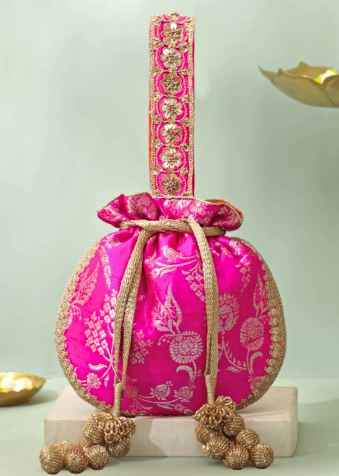 Pink Raw Silk Embroidered Potli
