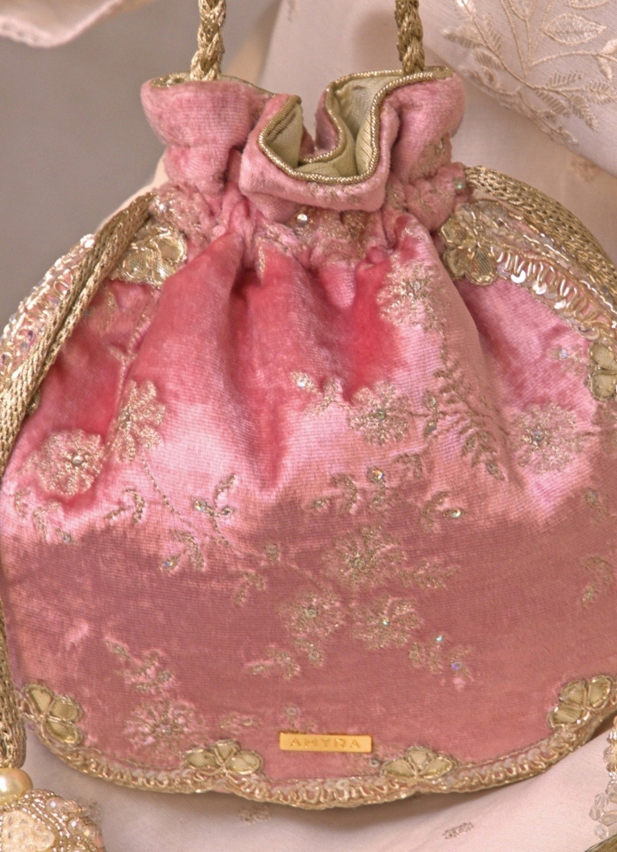 Amyra Pink Velvet Scallop Embroidered PotliShop Jashn