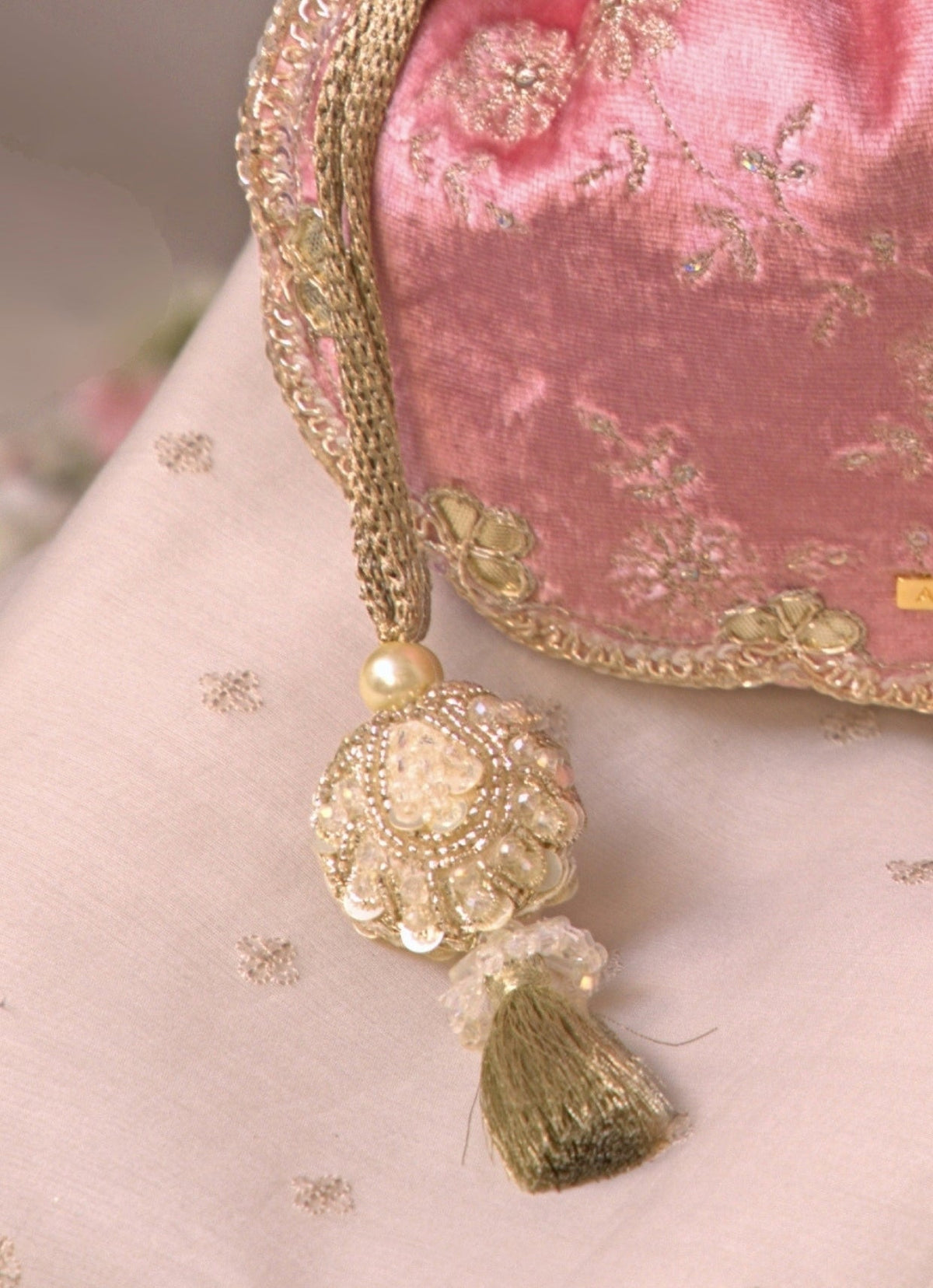 Amyra Pink Velvet Scallop Embroidered PotliShop Jashn