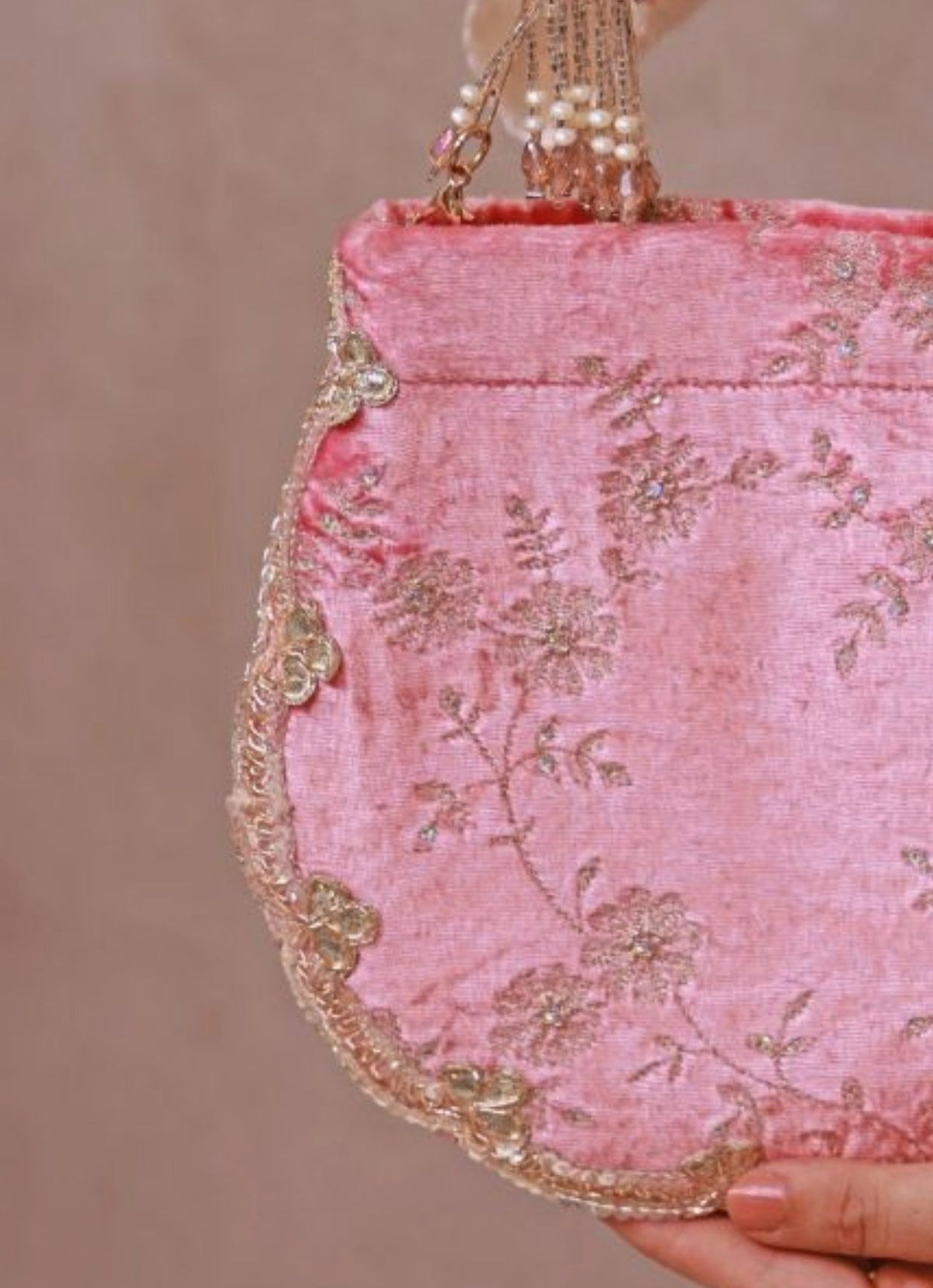 Amyra Pink Velvet Scallop Embroidered PurseShop Jashn