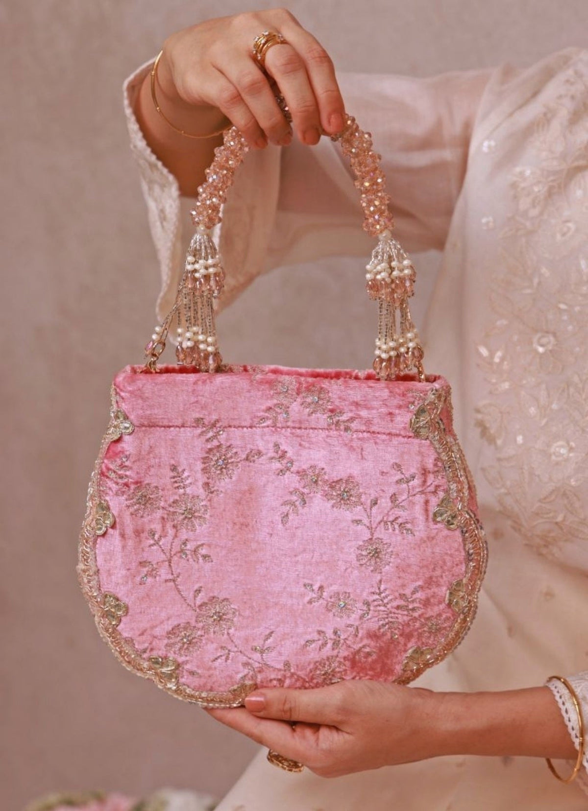 Amyra Pink Velvet Scallop Embroidered PurseShop Jashn