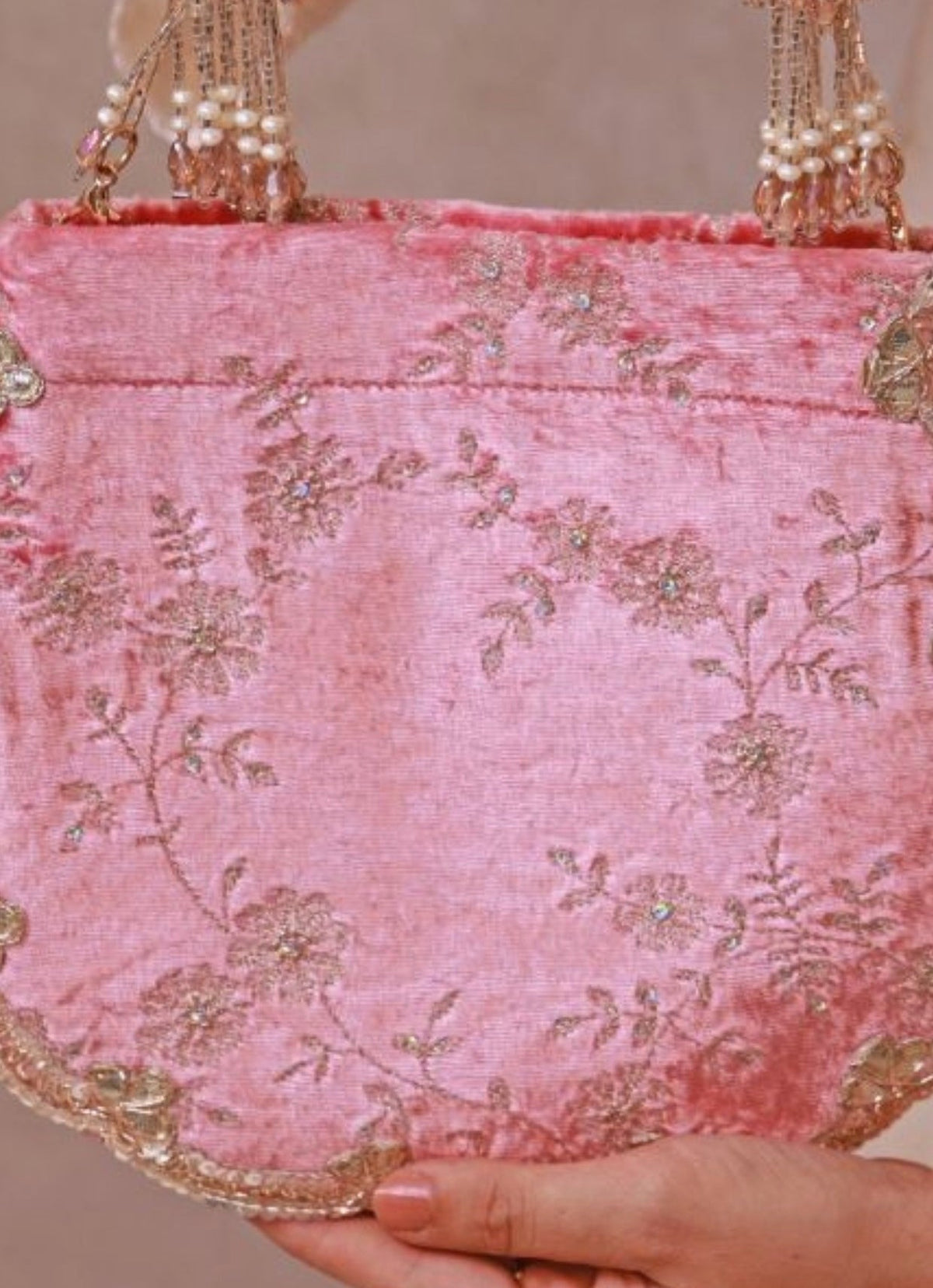 Amyra Pink Velvet Scallop Embroidered PurseShop Jashn