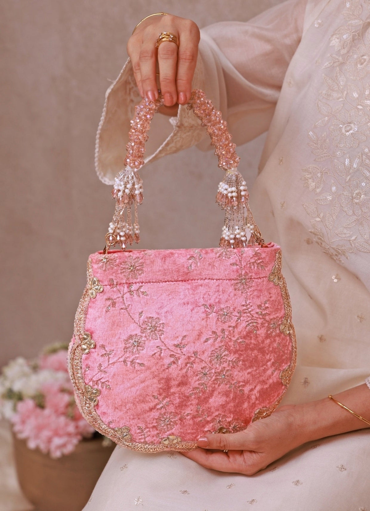 Amyra Pink Velvet Scallop Embroidered PurseShop Jashn