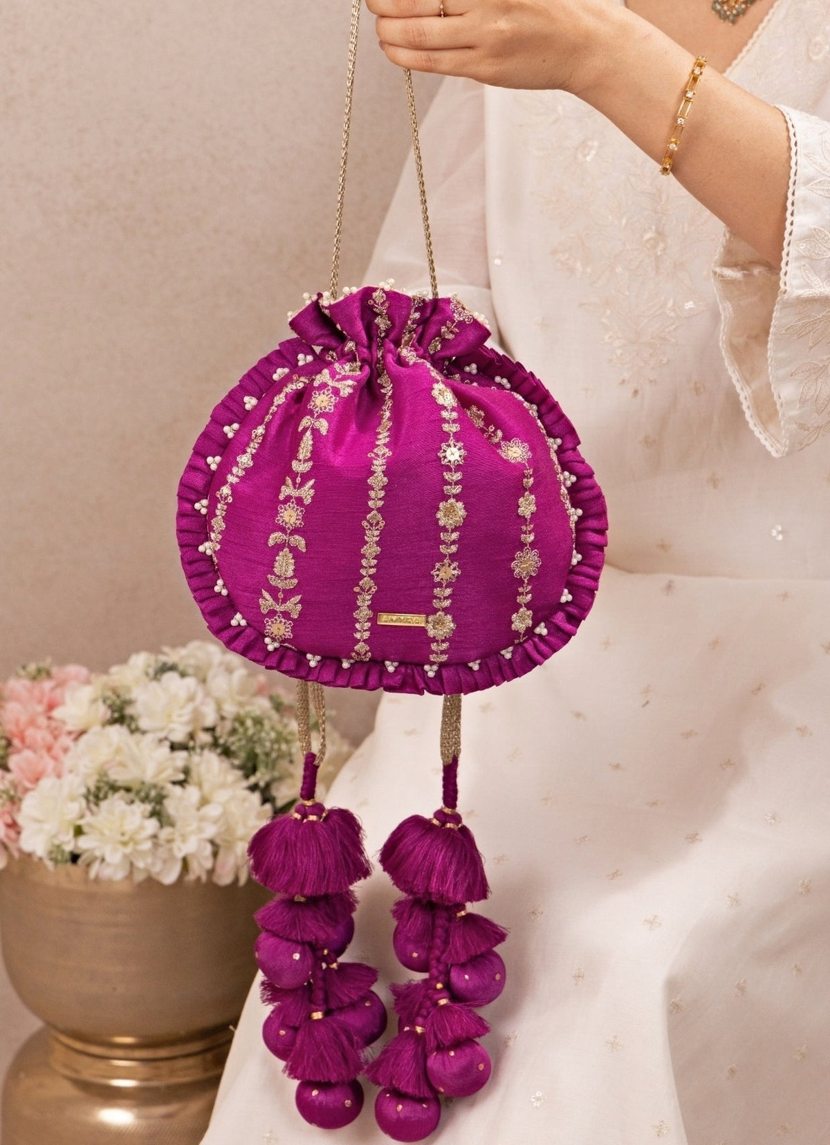 Amyra Purple Embroidered Silk Pleated PotliShop Jashn