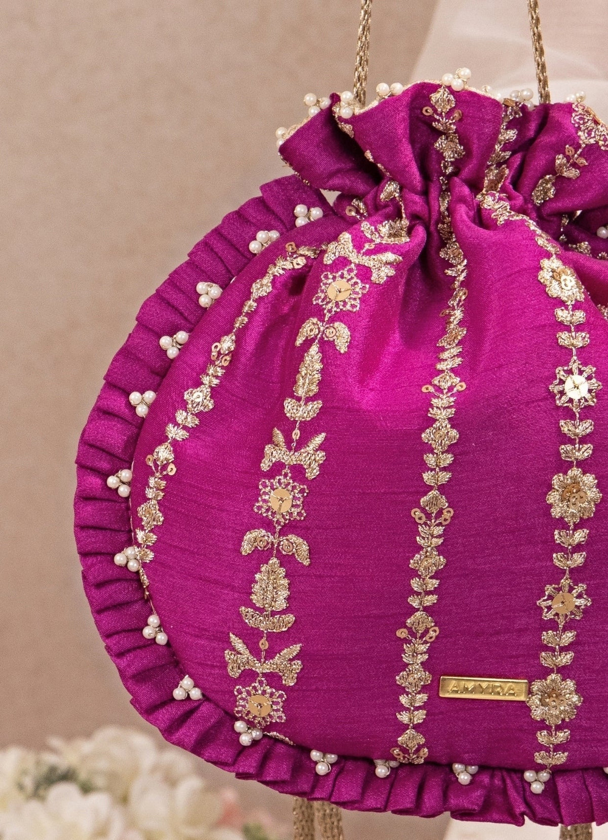Amyra Purple Embroidered Silk Pleated PotliShop Jashn