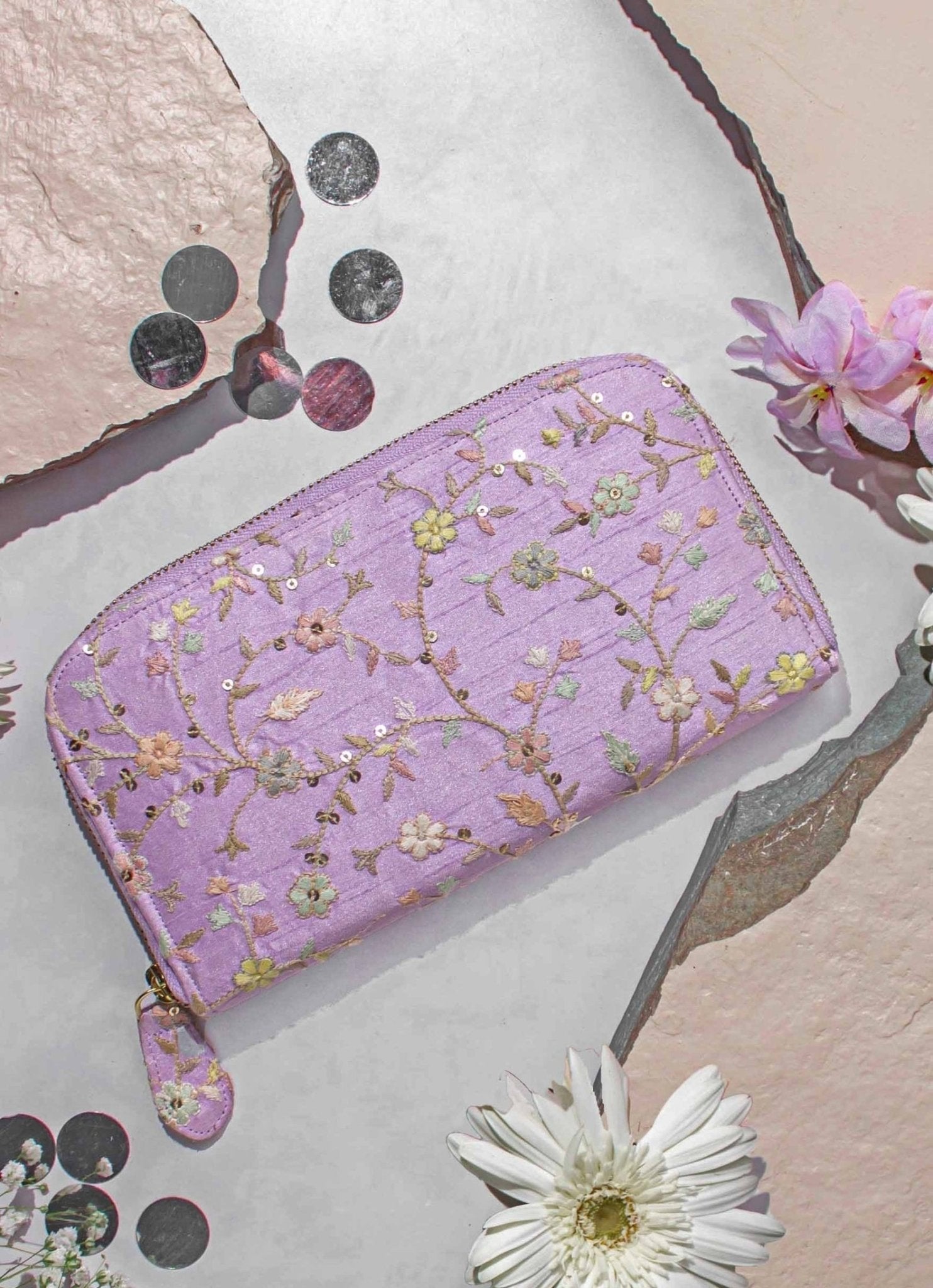 Purple Embroidered Zip Wallet