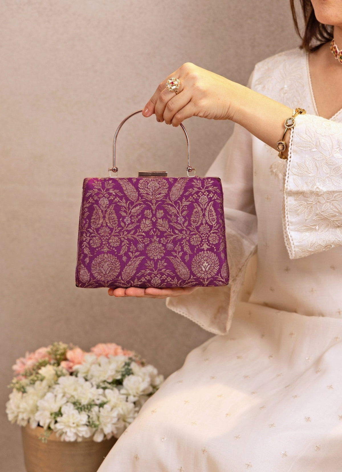 Purple Raw Silk Top Handle Clutch