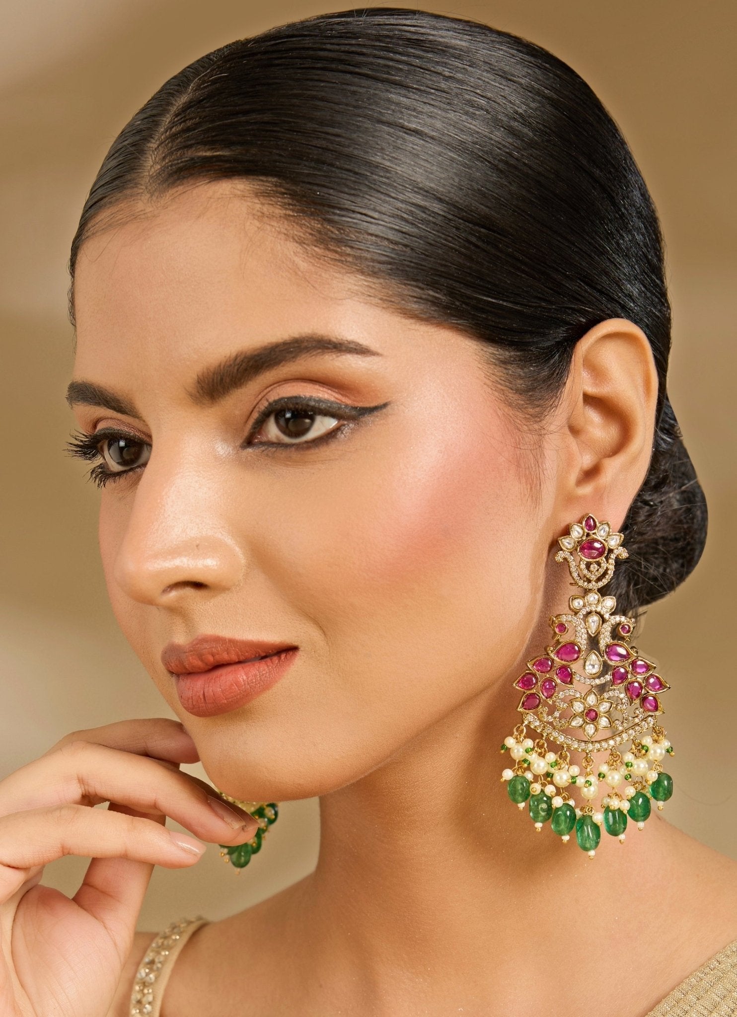 Vivinia by Vidhi Mehra Red And Green Chandelier Earrings With Pearl DropsFabilicious Fashion