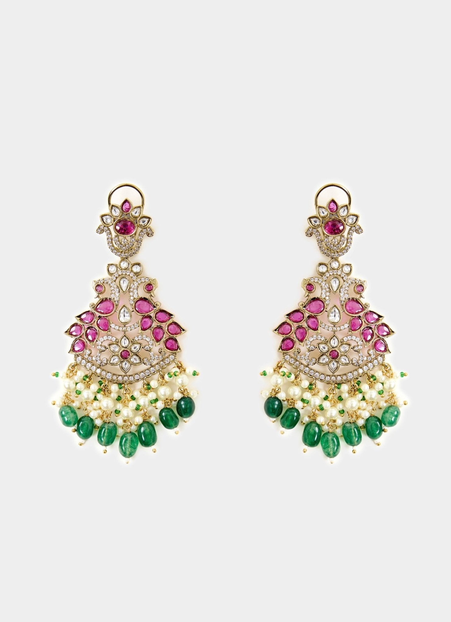 Vivinia by Vidhi Mehra Red And Green Chandelier Earrings With Pearl DropsFabilicious Fashion