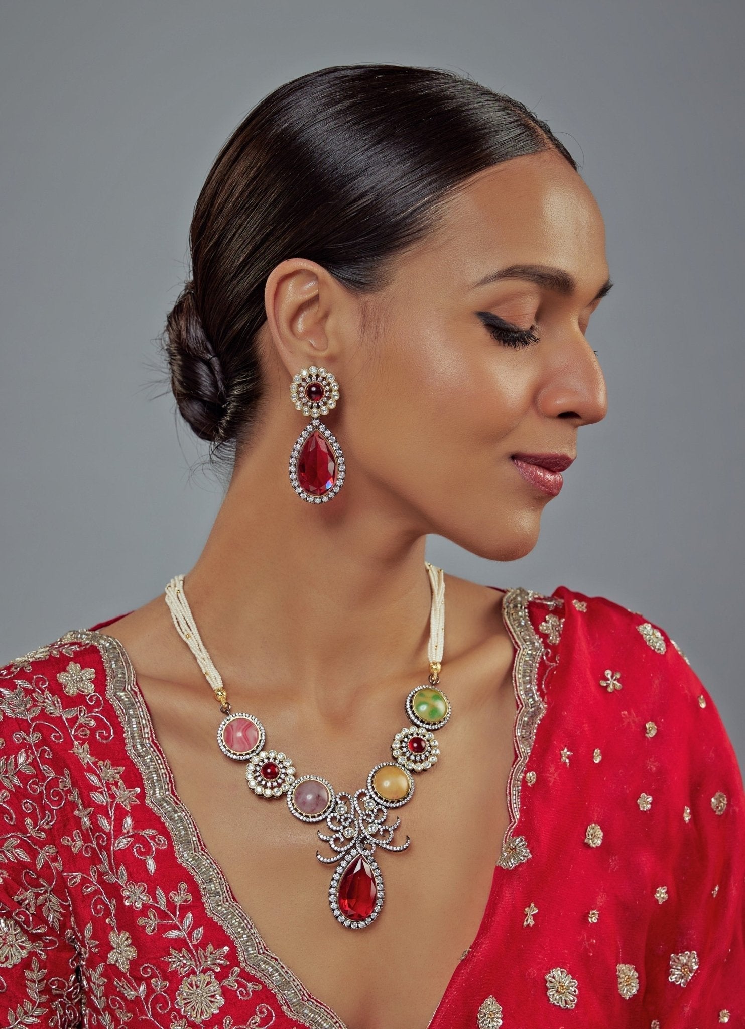 Vivinia by Vidhi Mehra Red And Multi Beaded Polki Short Necklace SetFabilicious Fashion