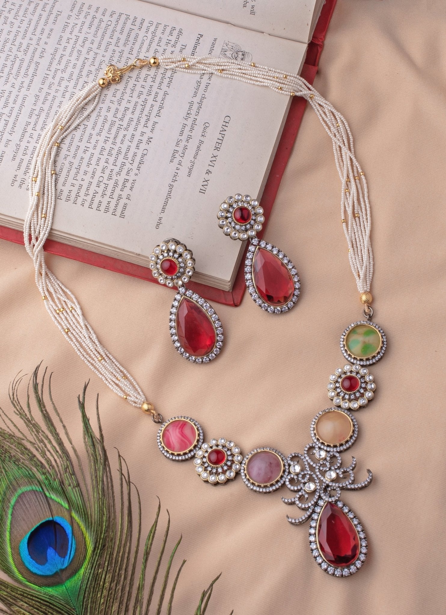 Vivinia by Vidhi Mehra Red And Multi Beaded Polki Short Necklace SetFabilicious Fashion