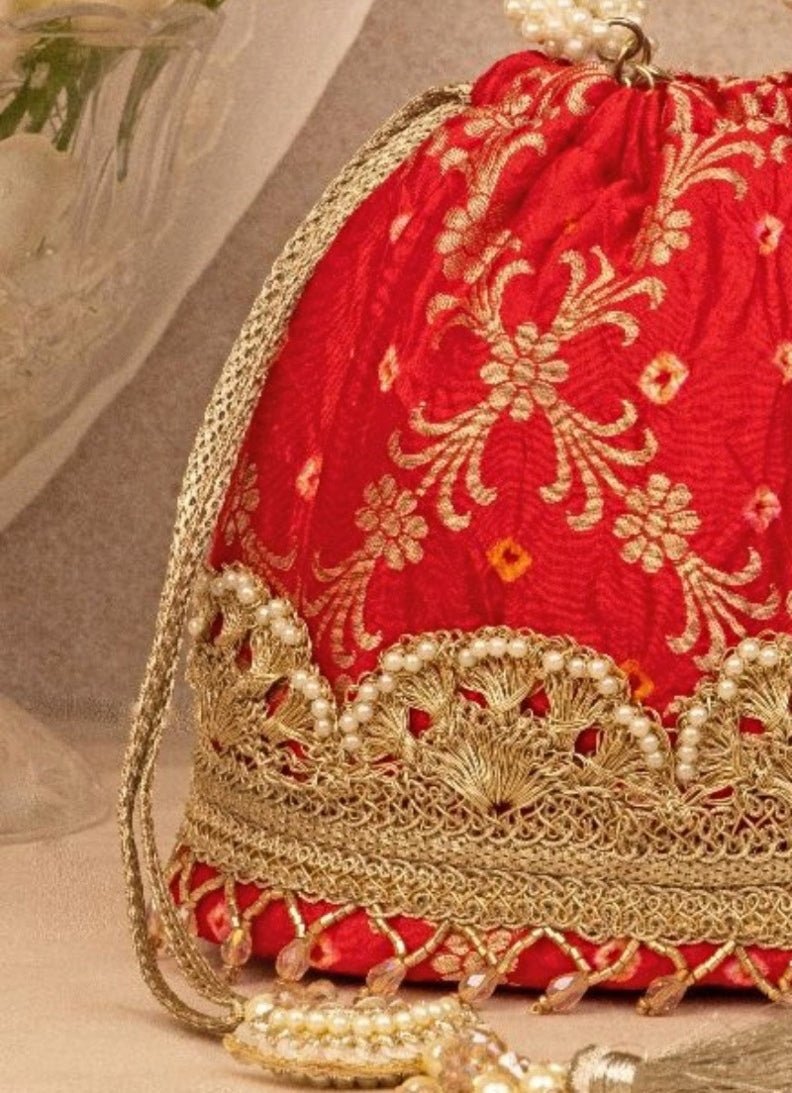 Red Bandhani Bucket Bag