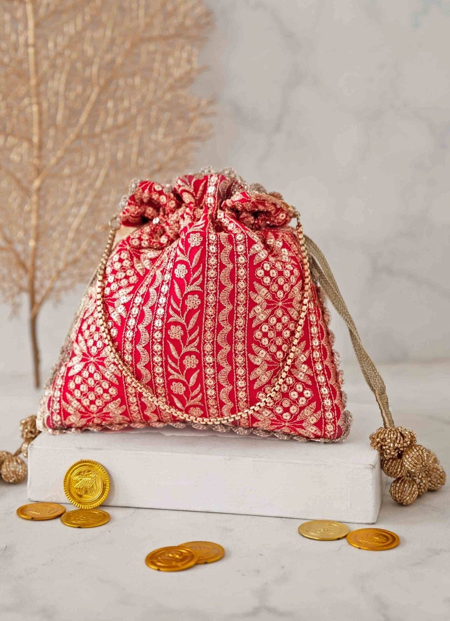 Red Embroidered Potli