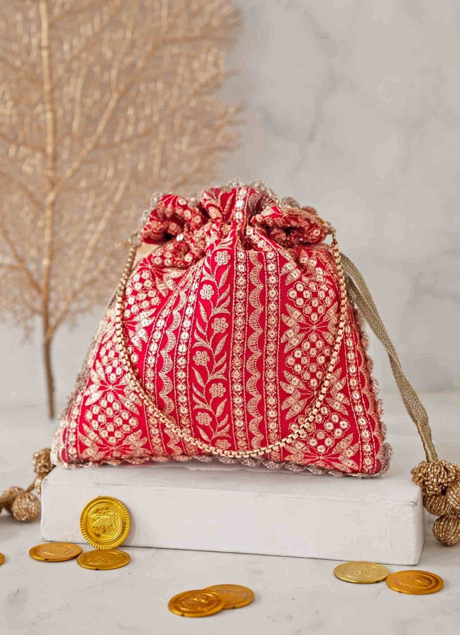 Red Embroidered Potli