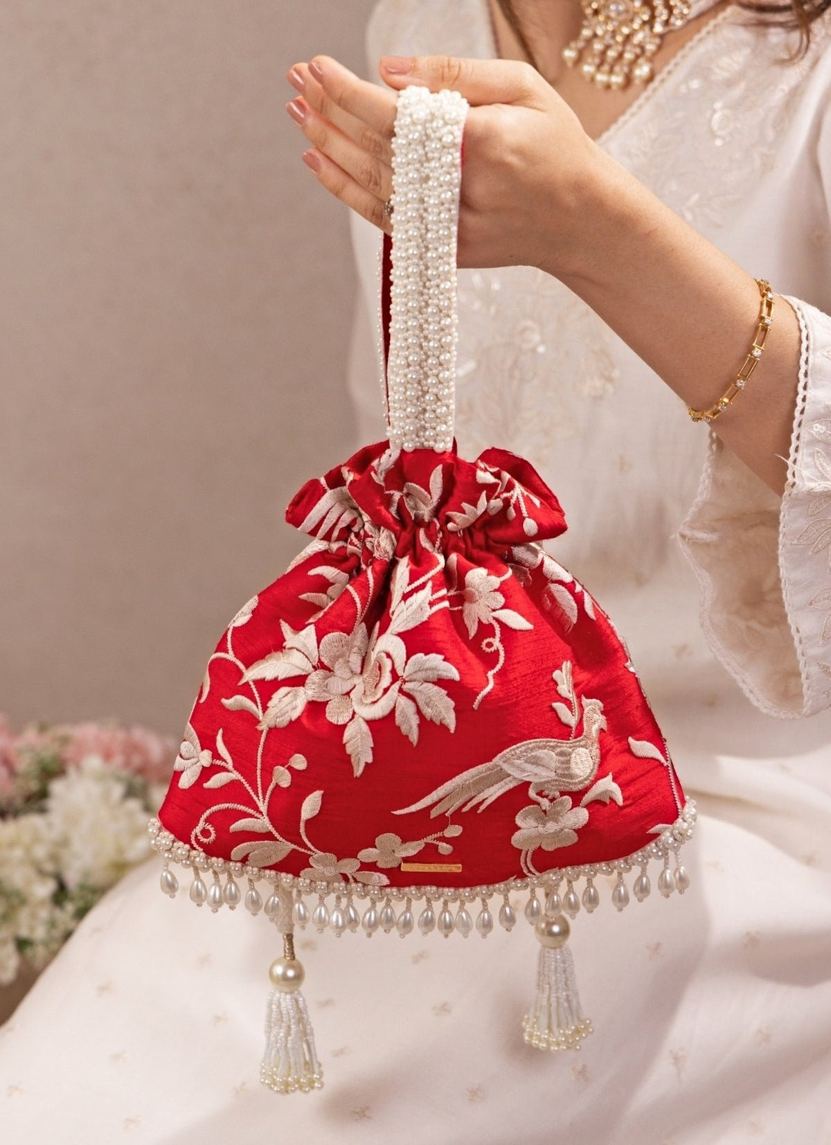 Amyra Red Embroidered Silk Top Handle PotliShop Jashn